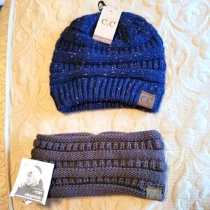 C.C Warm  Beanie Cable Knit Confetti &  Flecked Ponytail Headband set